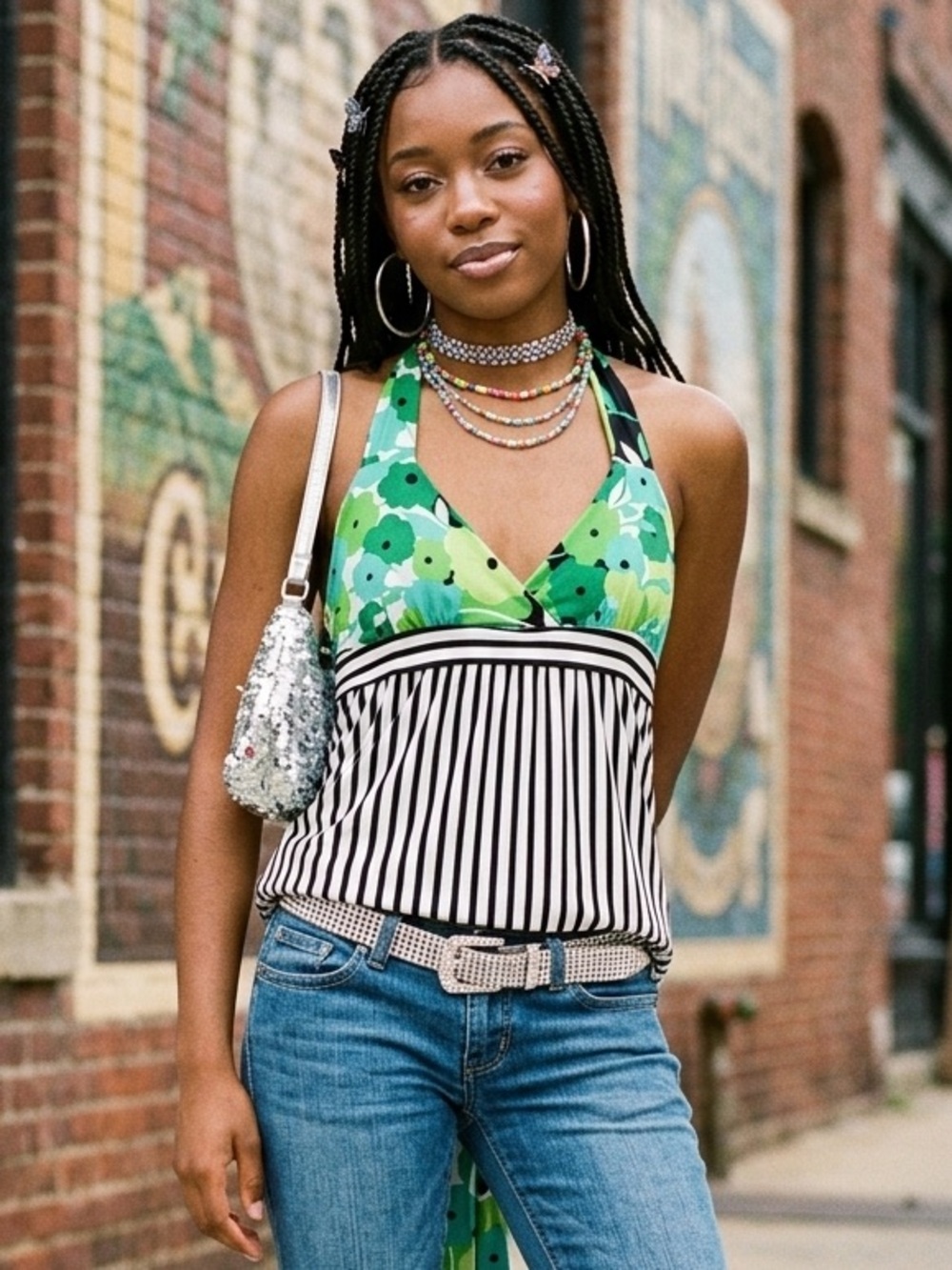 Y2K Vintage Small Mix Print Stripe Floral Halter Top Empire Waist Retro Belt